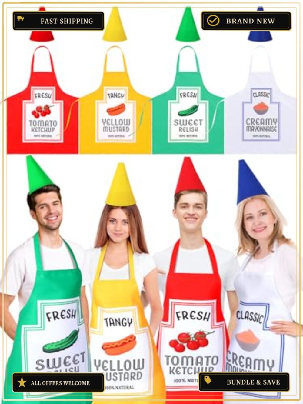 Condiment Apron Hat Set Halloween Group Costume Felt Cotton Adult 4 Pack